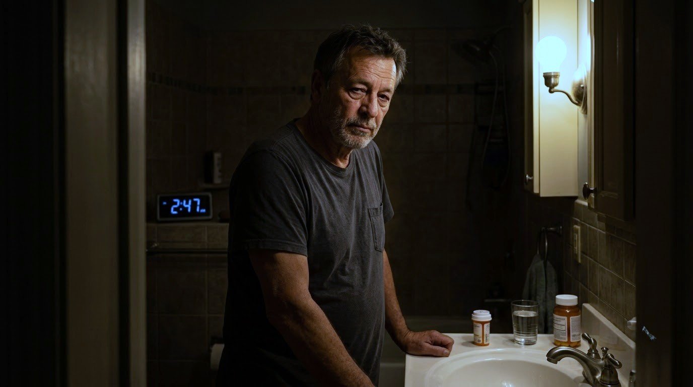 Man standing in dark bathroom at 2:47 AM - the third time tonight