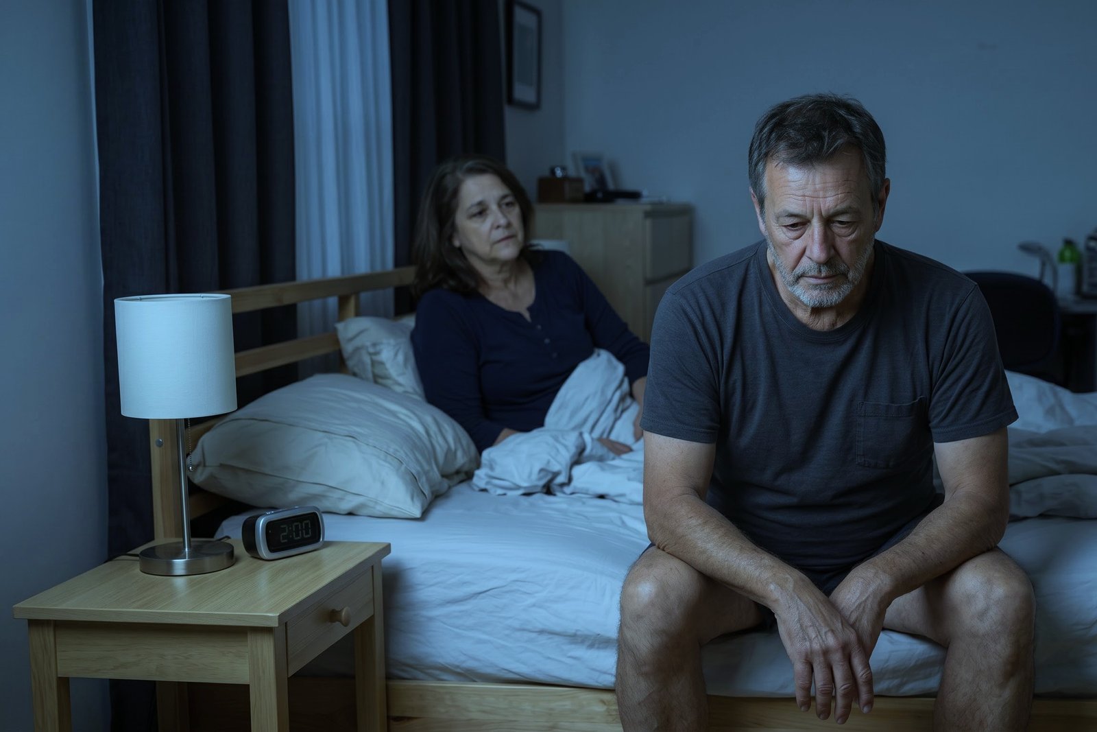 Man sitting on edge of bed at 3am while wife sleeps, unable to rest